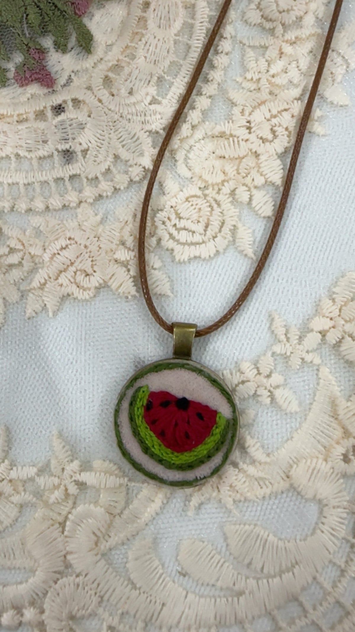 Summer Slice Watermelon Hand-Embroidered Kid-Friendly Pendant Necklace
