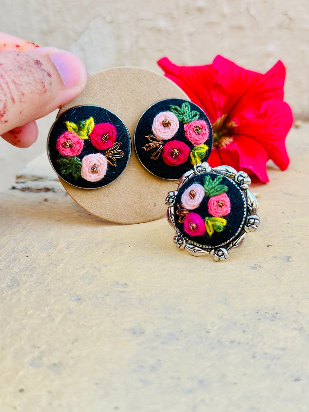 Midnight Rose Hand-Embroidered Floral Stud Earrings - Roshni