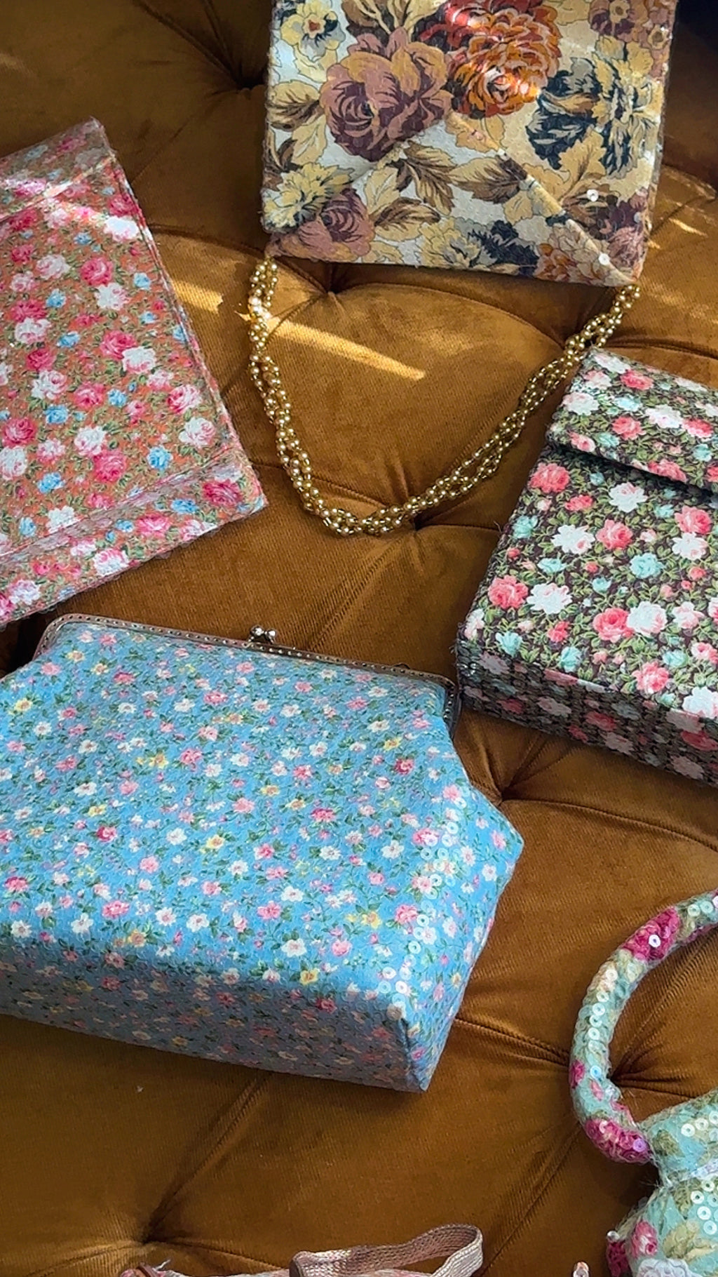 Azure Meadow: Handmade Floral Sequin Frame Clutch Bag