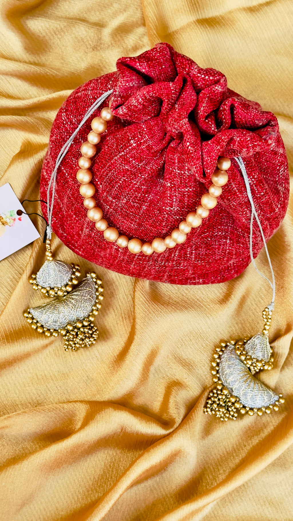 Gulaab: Red Imported Velvet Potli Bag with Pearl Handle