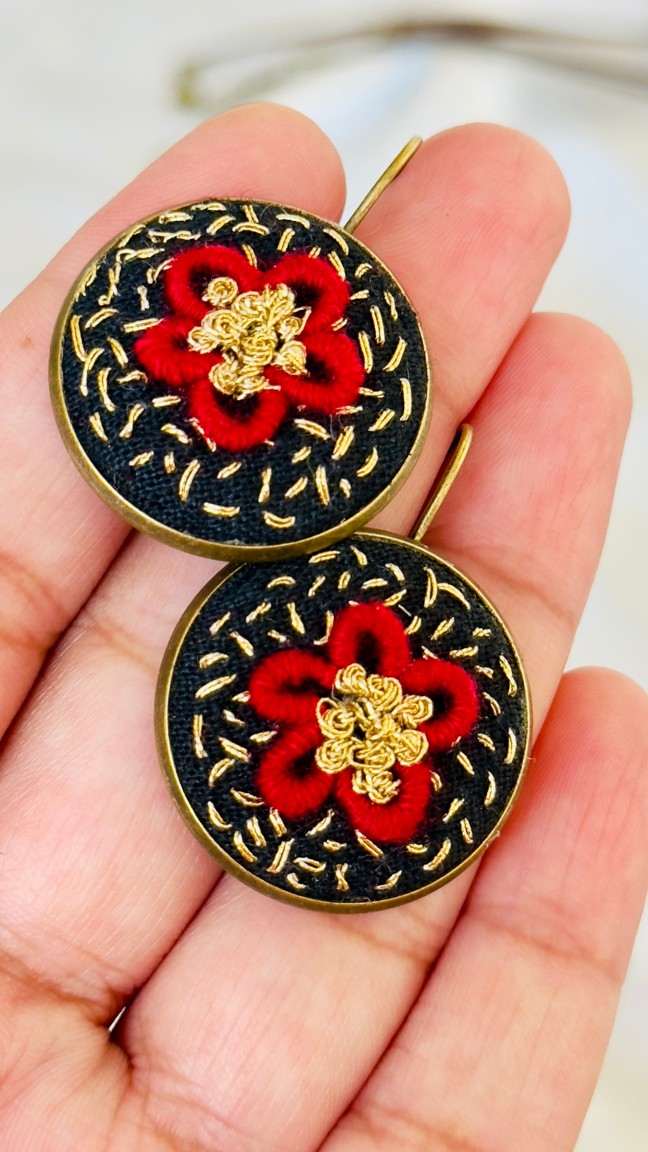 Red & Gold Royal Floral Hand-Embroidered Drop Earrings