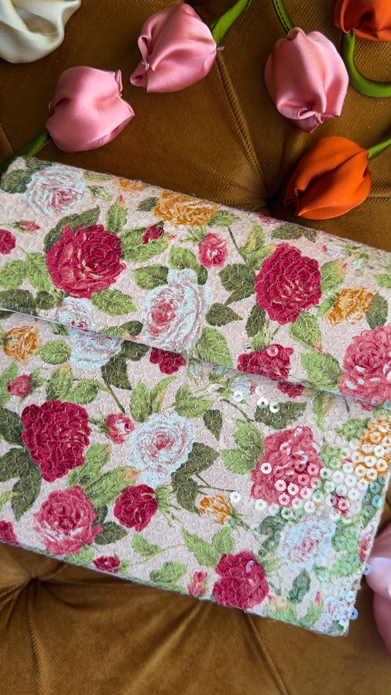 Rosie Bloom: Handmade Floral Sequinned Envelope Clutch Bag