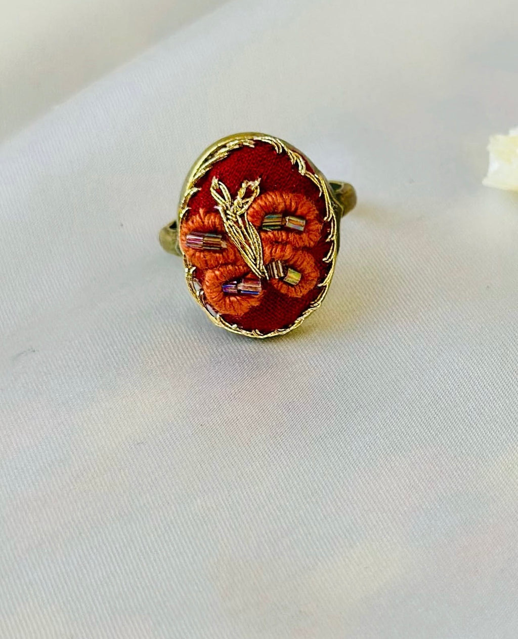 Hand-Embroidered Rust & Gold Beaded Vintage Statement Ring