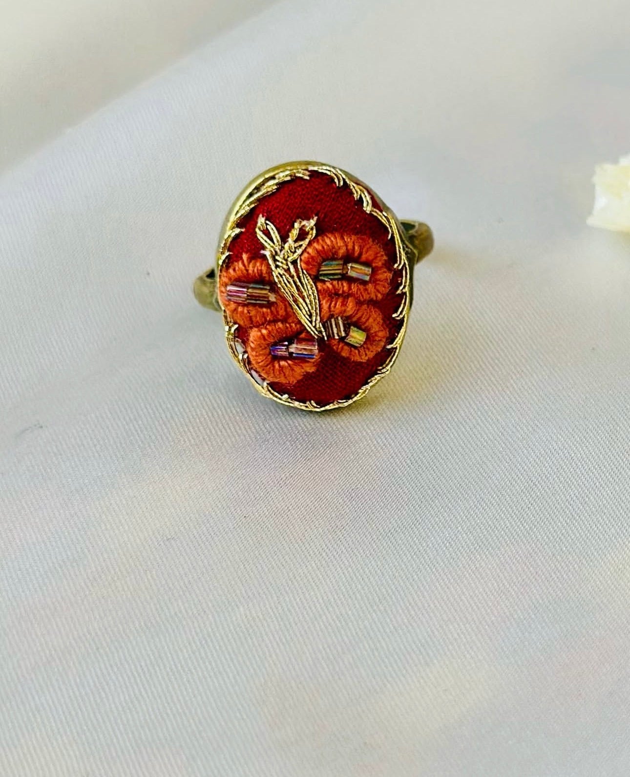 Hand-Embroidered Rust & Gold Beaded Vintage Statement Ring