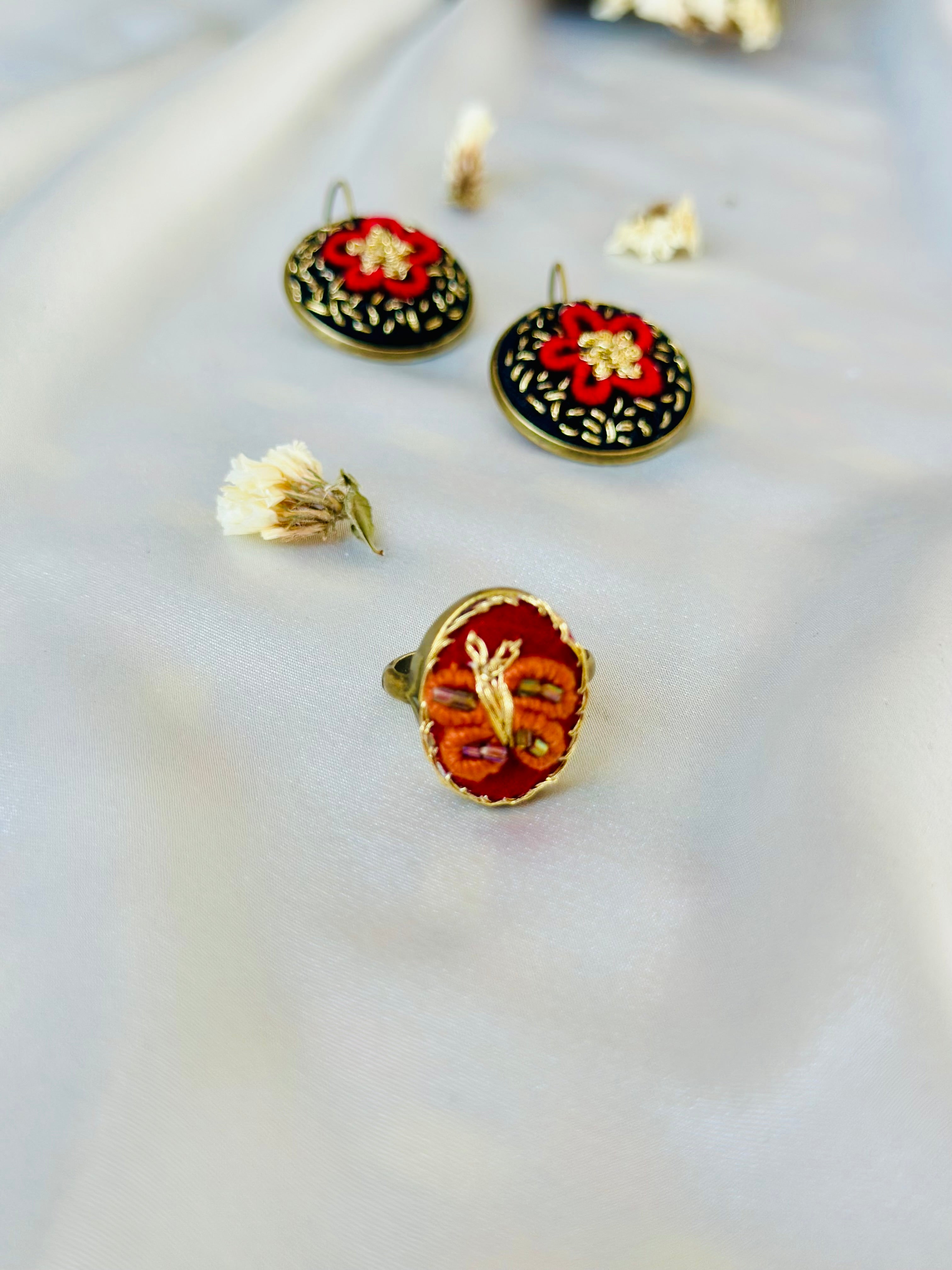 Red & Gold Royal Floral Hand-Embroidered Drop Earrings