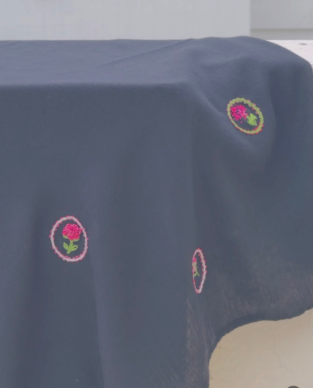 Hand-Embroidered Rose Frame Scarf | Pink & Green Floral Art