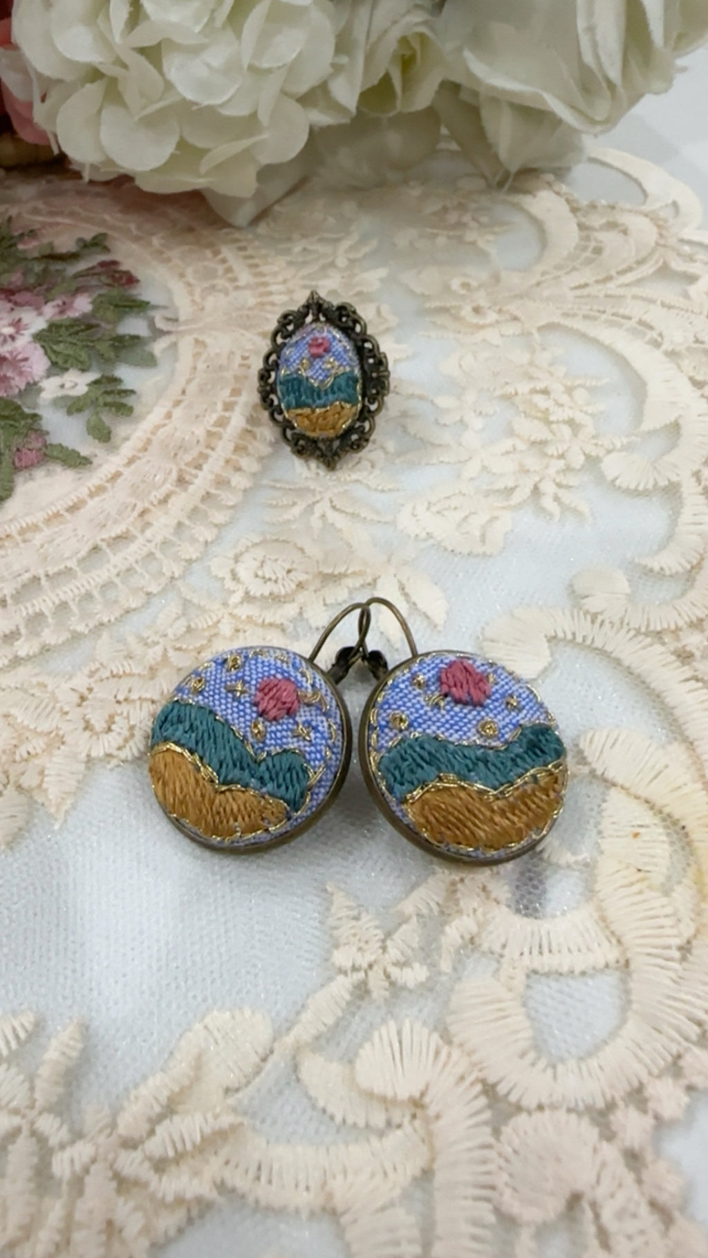 Golden Meadow Day Hand-Embroidered Landscape Statement Earrings