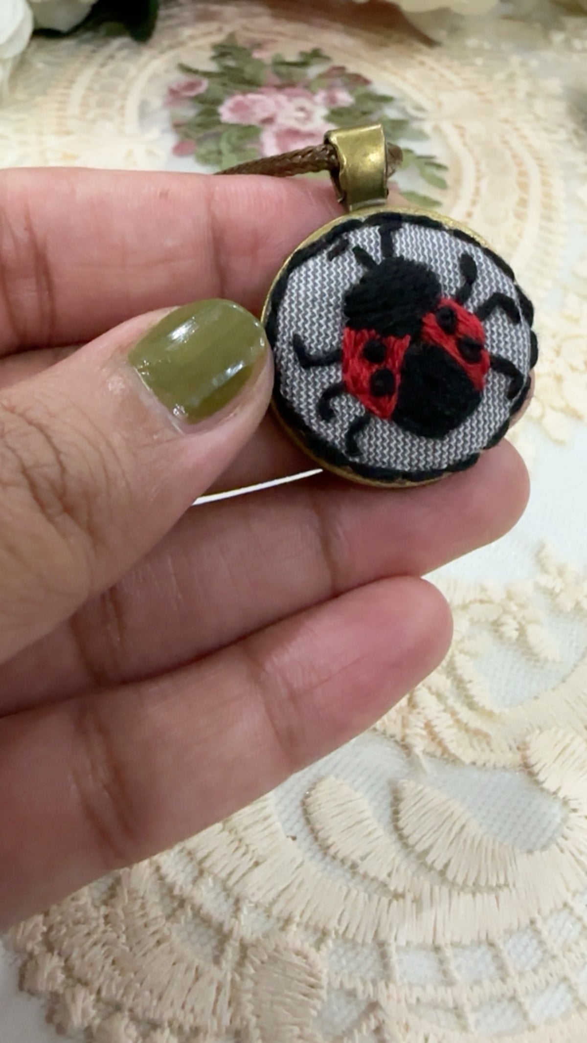 Lucky Ladybug Hand-Embroidered Kid-Friendly Pendant Necklace