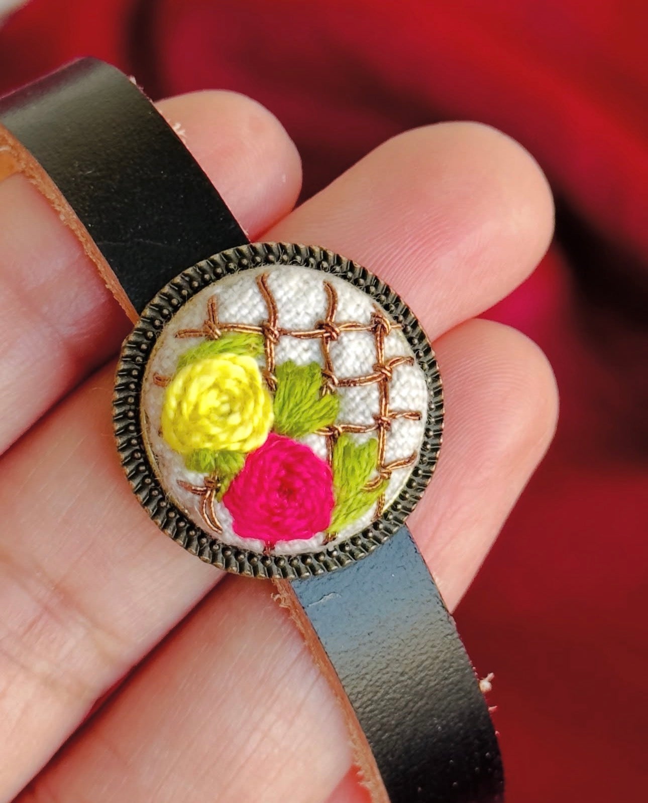 Hand-Embroidered Floral Leather Bracelet | Custom Boho Jewelry
