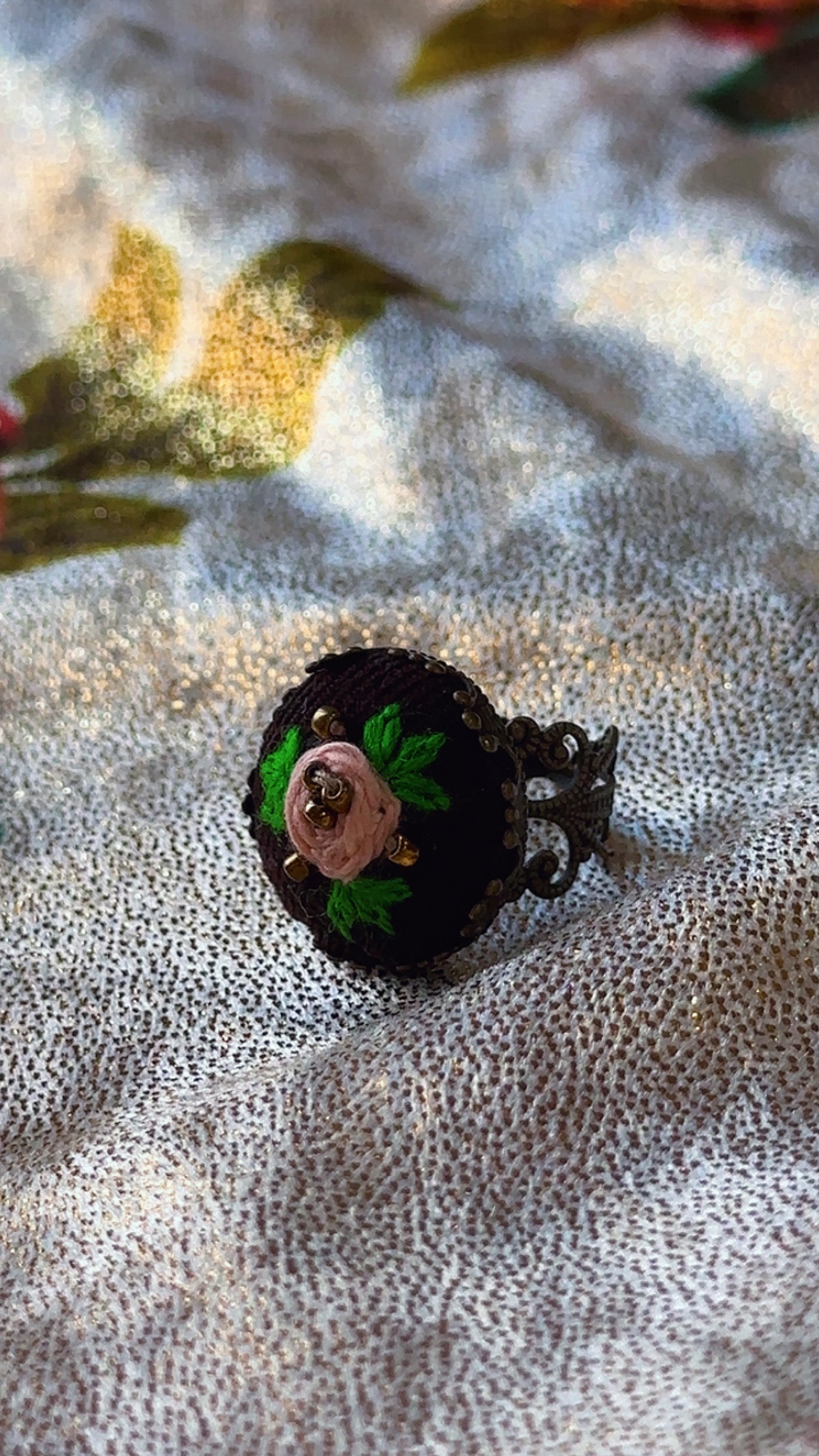 Enchanted Rose Hand-Embroidered Filigree Ring