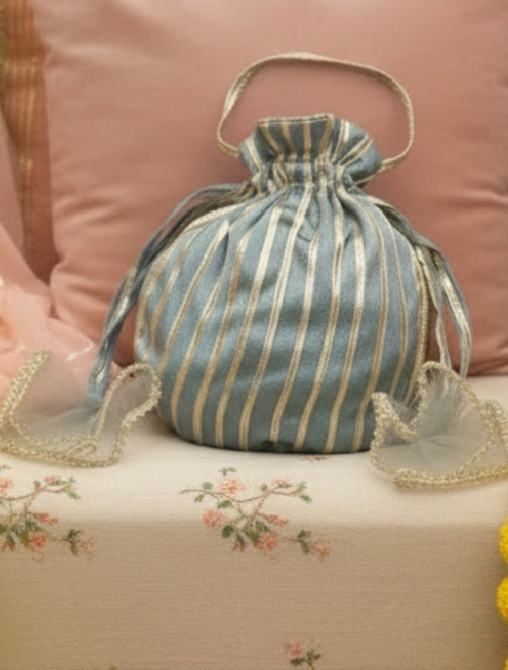 Zareen: Powder Blue & Gold Striped Festive Potli Bag