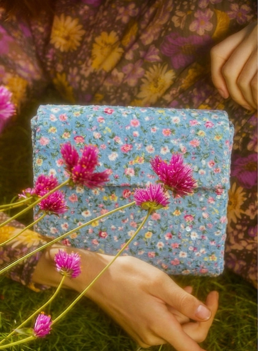 Azure Blossom Envelope – Hand-Embroidered Sky Floral Clutch