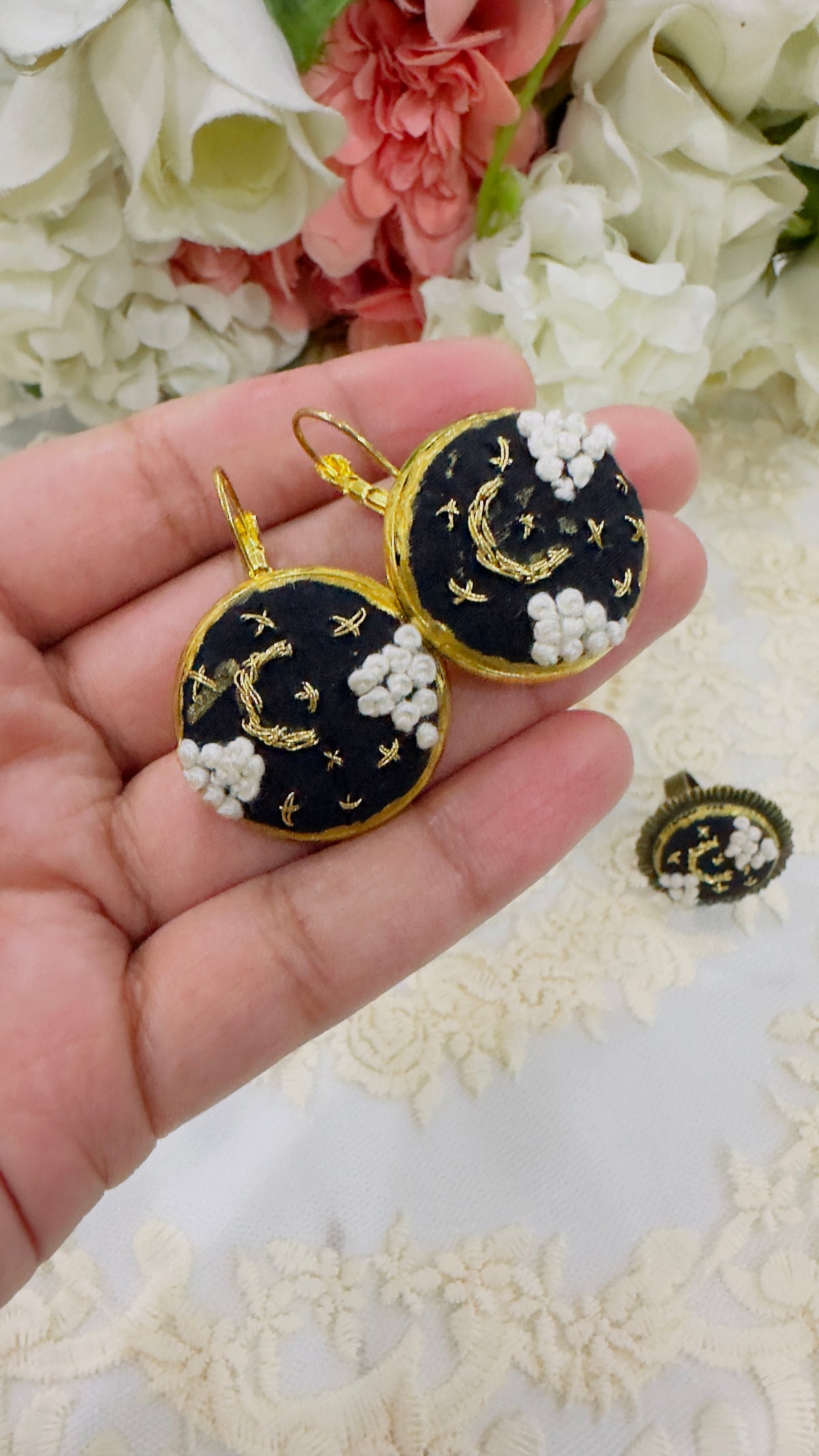 Midnight Stardust Hand-Embroidered Celestial Statement Earrings