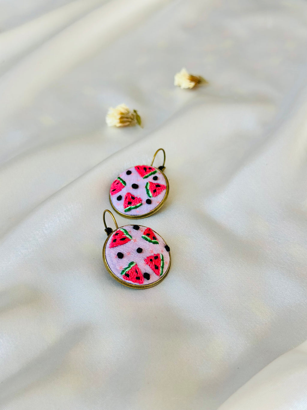 Summer Watermelon Hand-Embroidered Drop Earrings