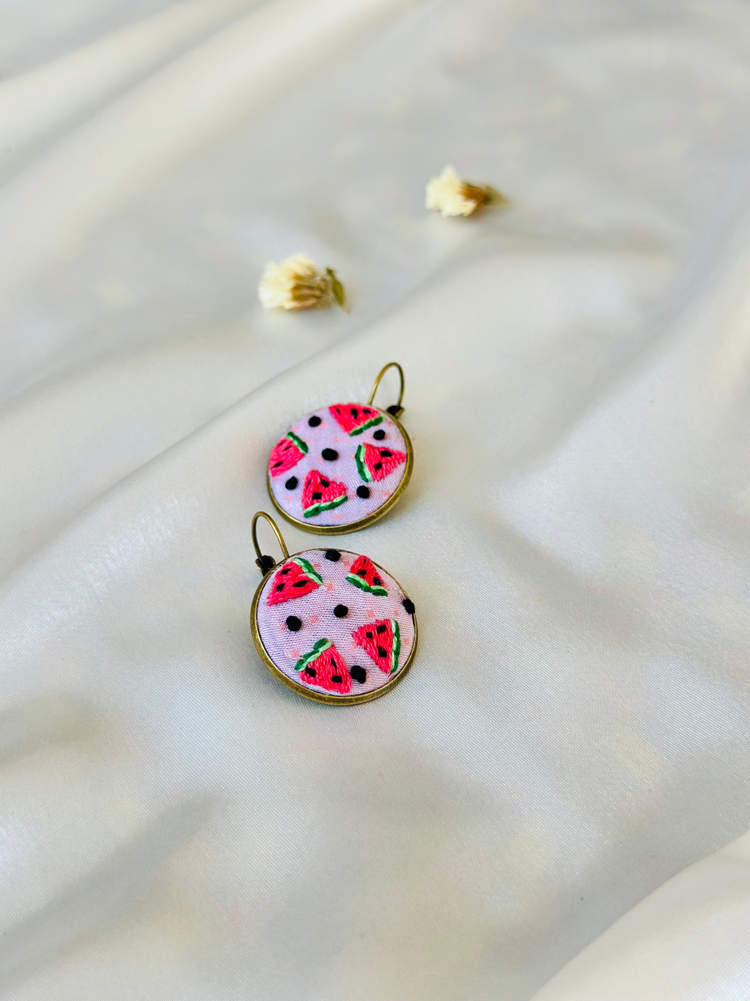 Summer Watermelon Hand-Embroidered Drop Earrings