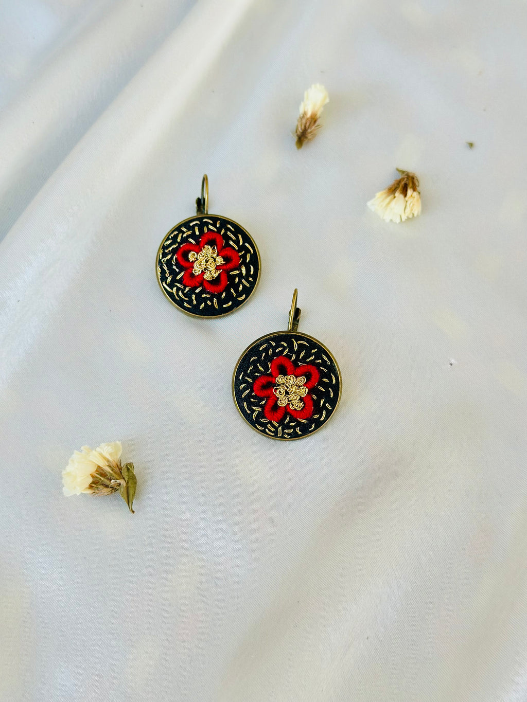 Red & Gold Royal Floral Hand-Embroidered Drop Earrings