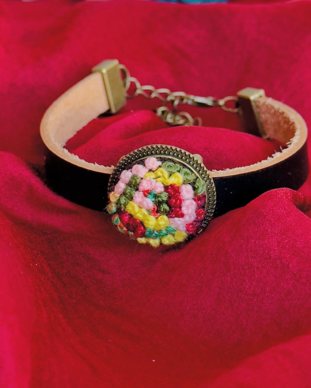 Hand-Embroidered Leather Bracelet | Boho Floral Wrist Cuff