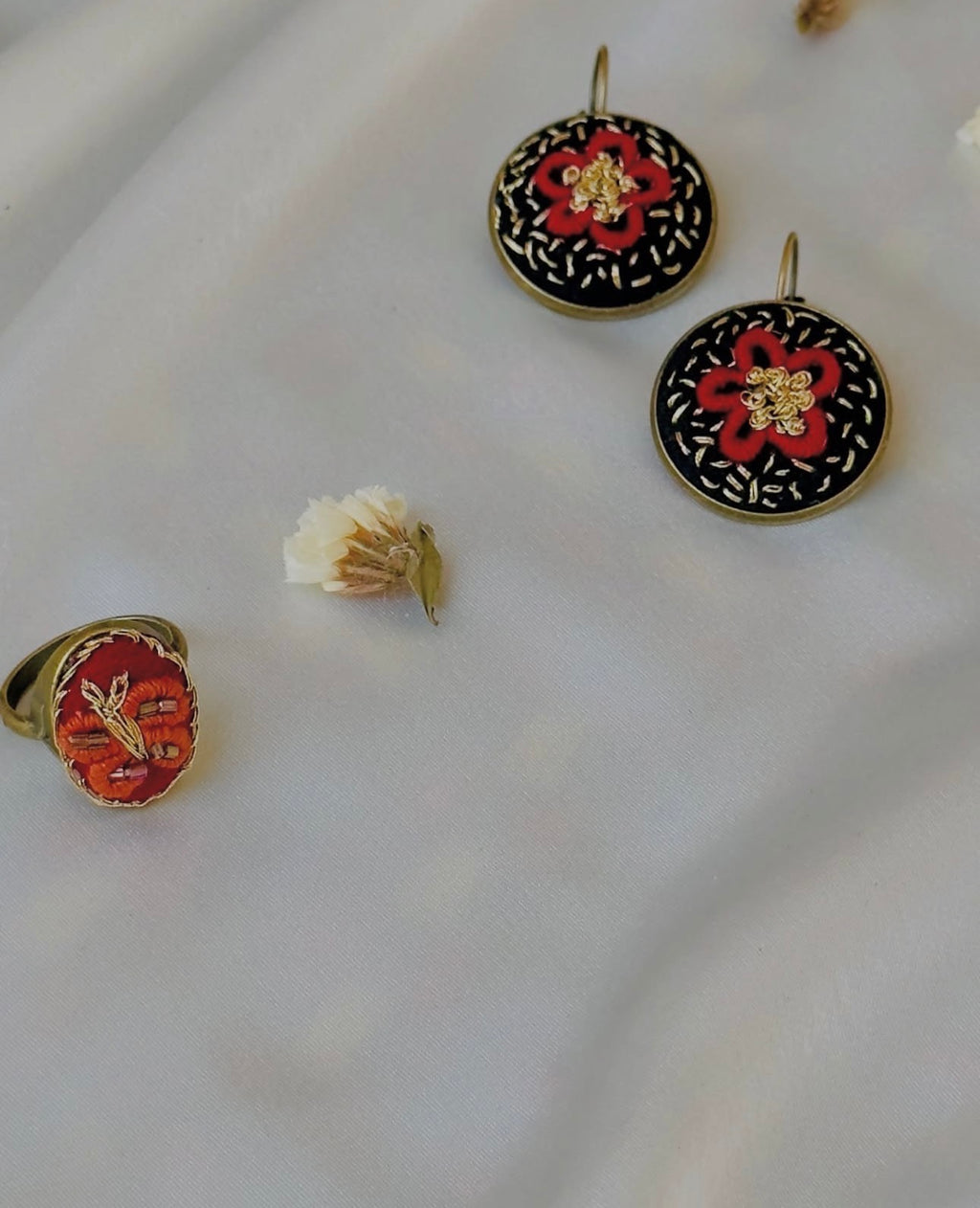 Hand-Embroidered Rust & Gold Beaded Vintage Statement Ring