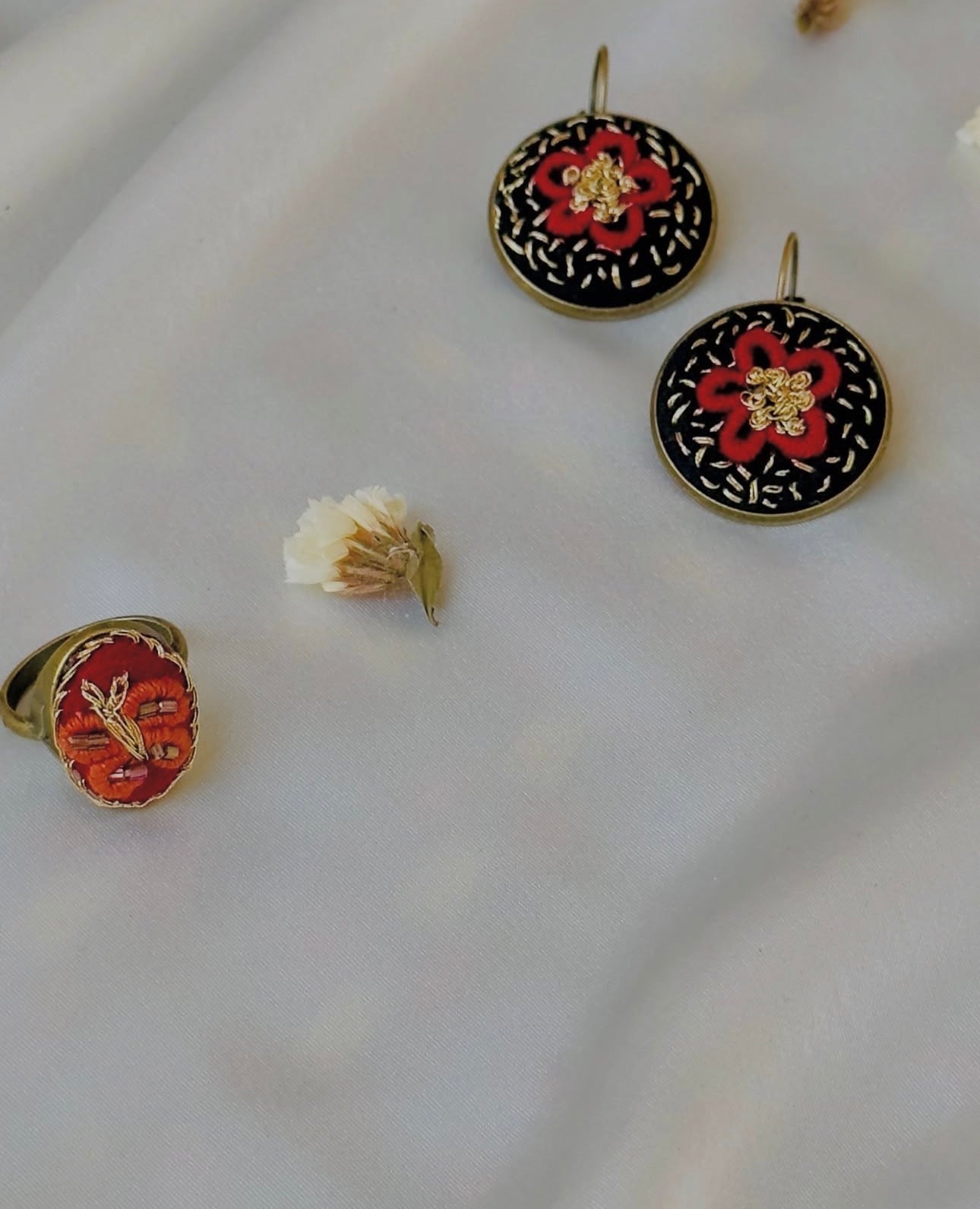 Hand-Embroidered Rust & Gold Beaded Vintage Statement Ring