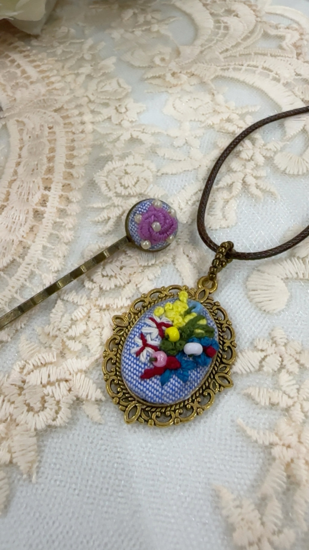 Meadow Wildflower Mosaic Beaded Hand-Embroidered Pendant Necklace