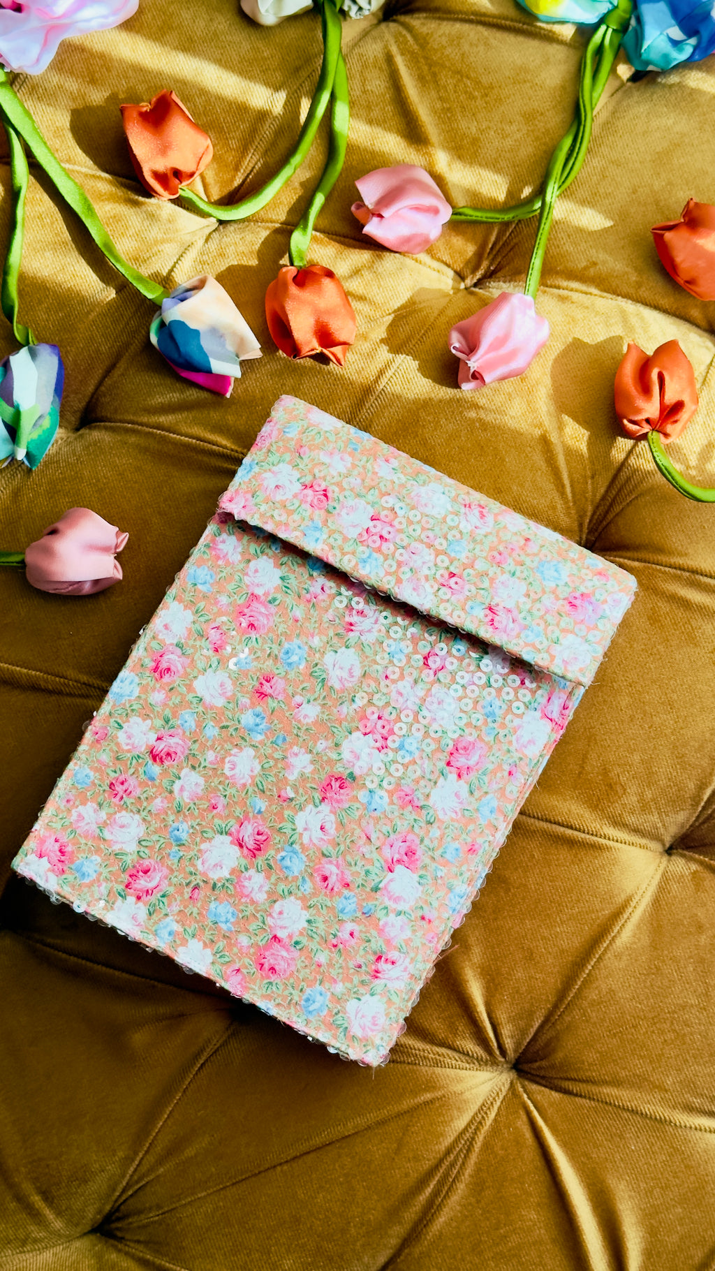 Peach Sorbet: Handmade Floral Sequin Vertical Messenger Bag