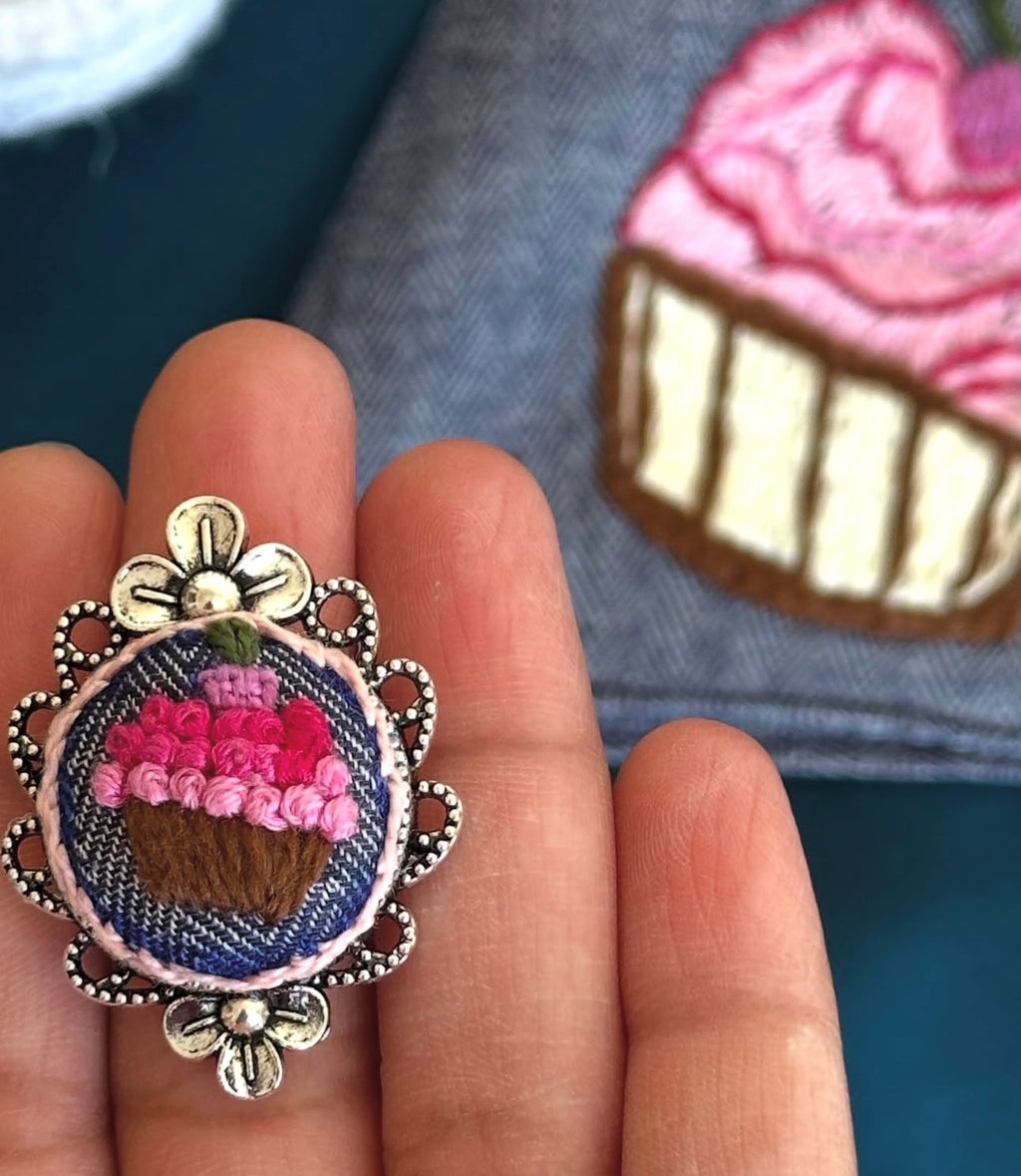 Hand-Embroidered Pink Cupcake Denim Statement Ring - Silver