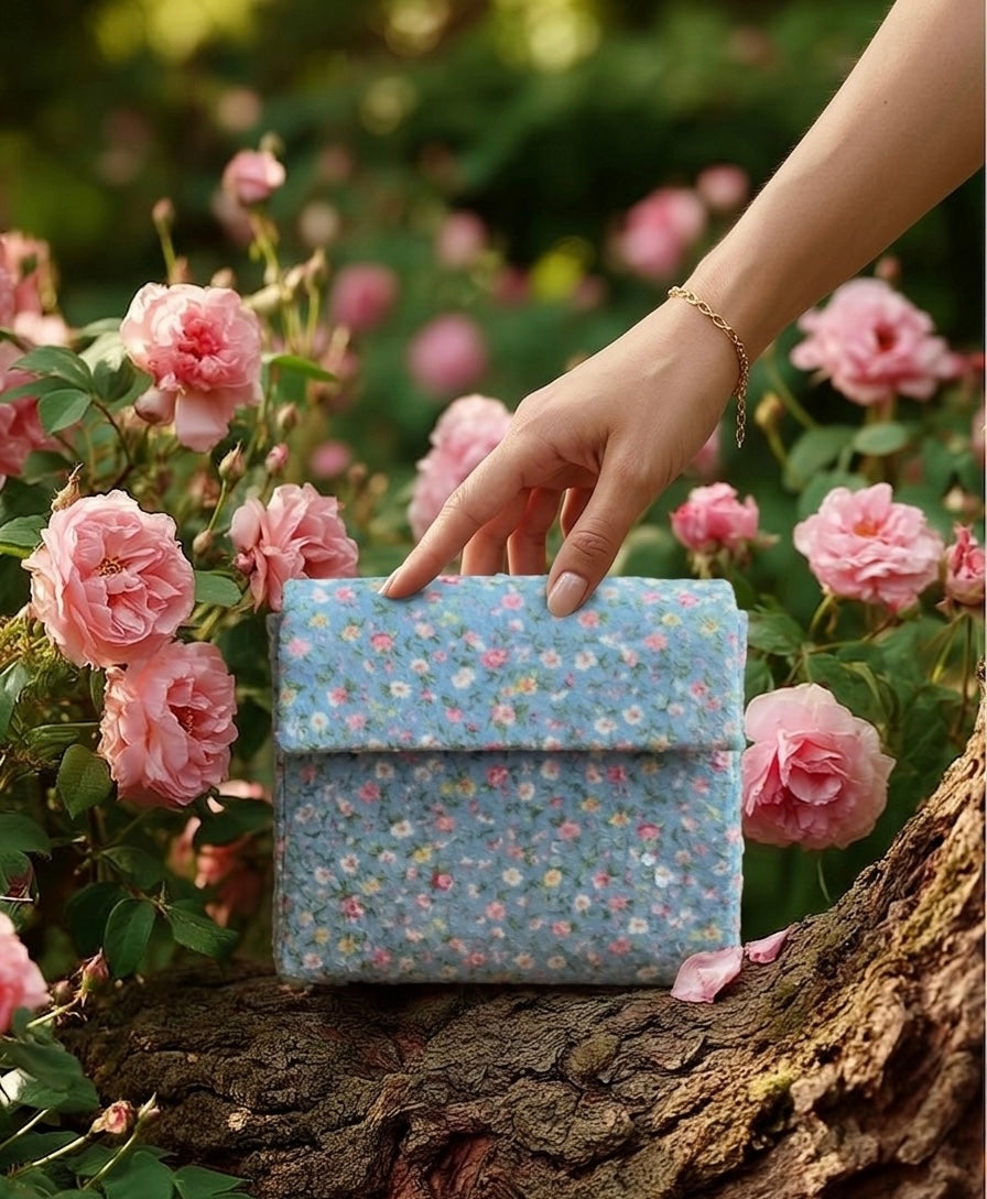 Azure Blossom Envelope – Hand-Embroidered Sky Floral Clutch