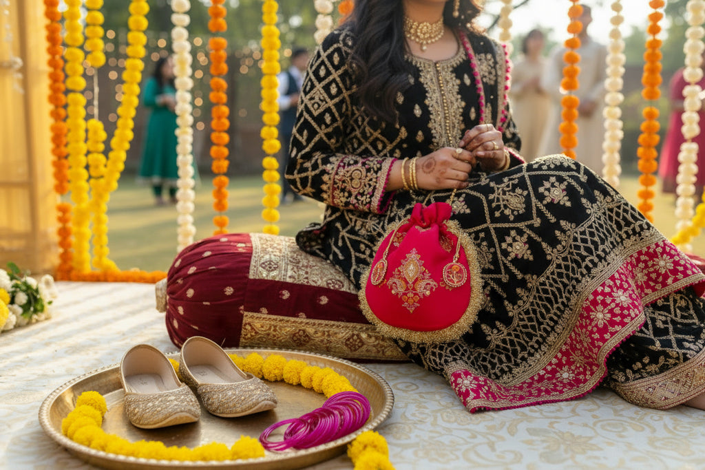 Rukhsaar: Hot Pink Silk Potli - Gold Motifs & Fringes