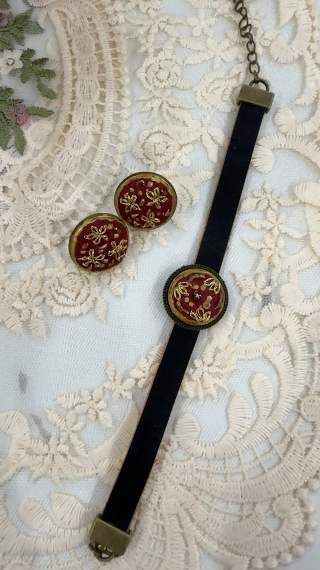 Crimson Golden Starburst Hand-Embroidered Festive Statement Earrings
