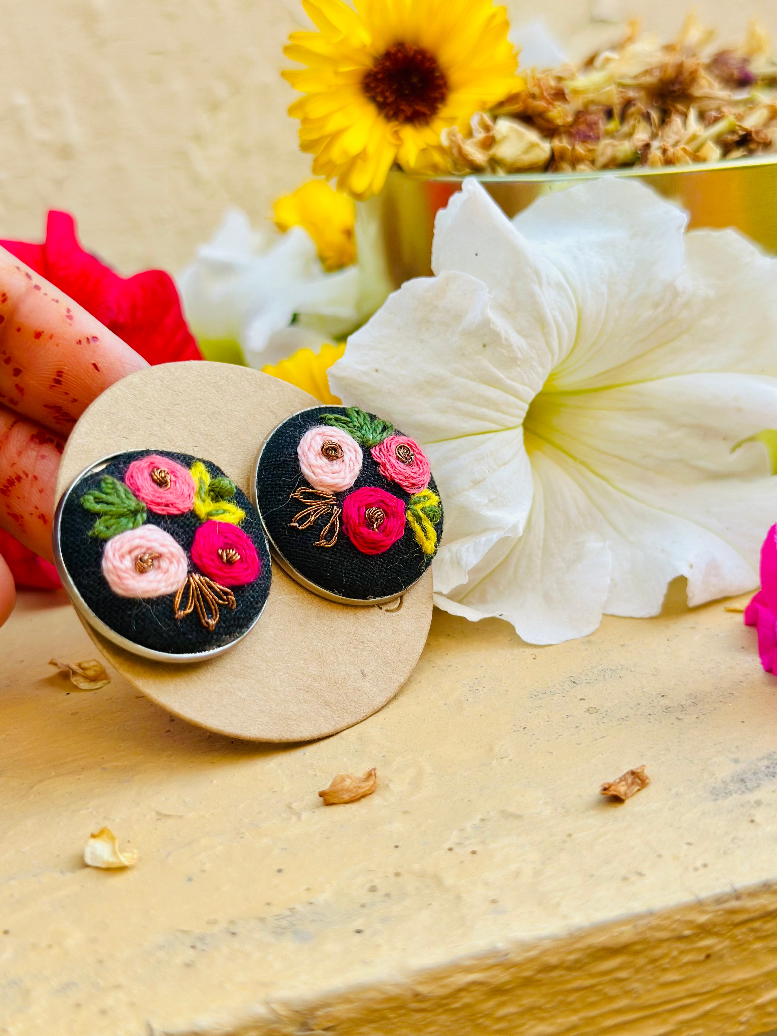 Midnight Rose Hand-Embroidered Floral Stud Earrings - Roshni