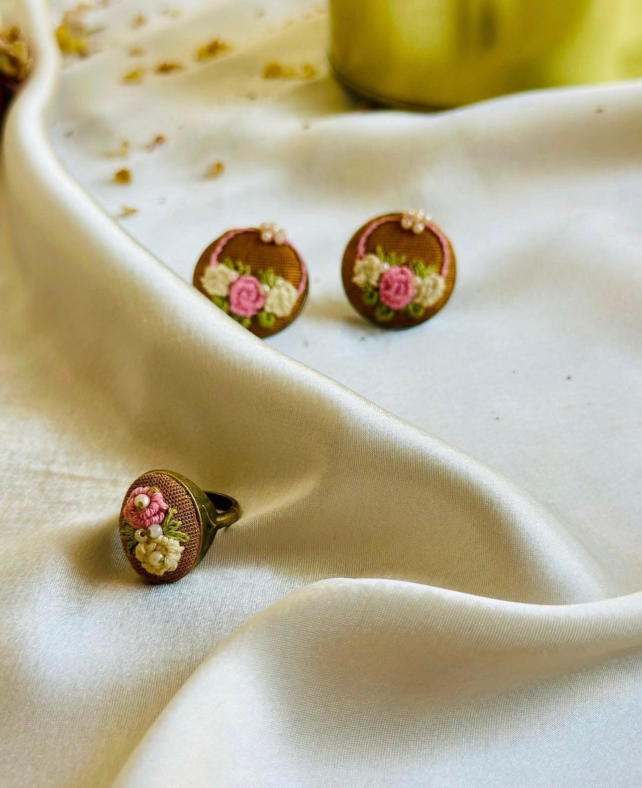 Hand-Embroidered Floral Ring - Vintage Style Brass Jewelry