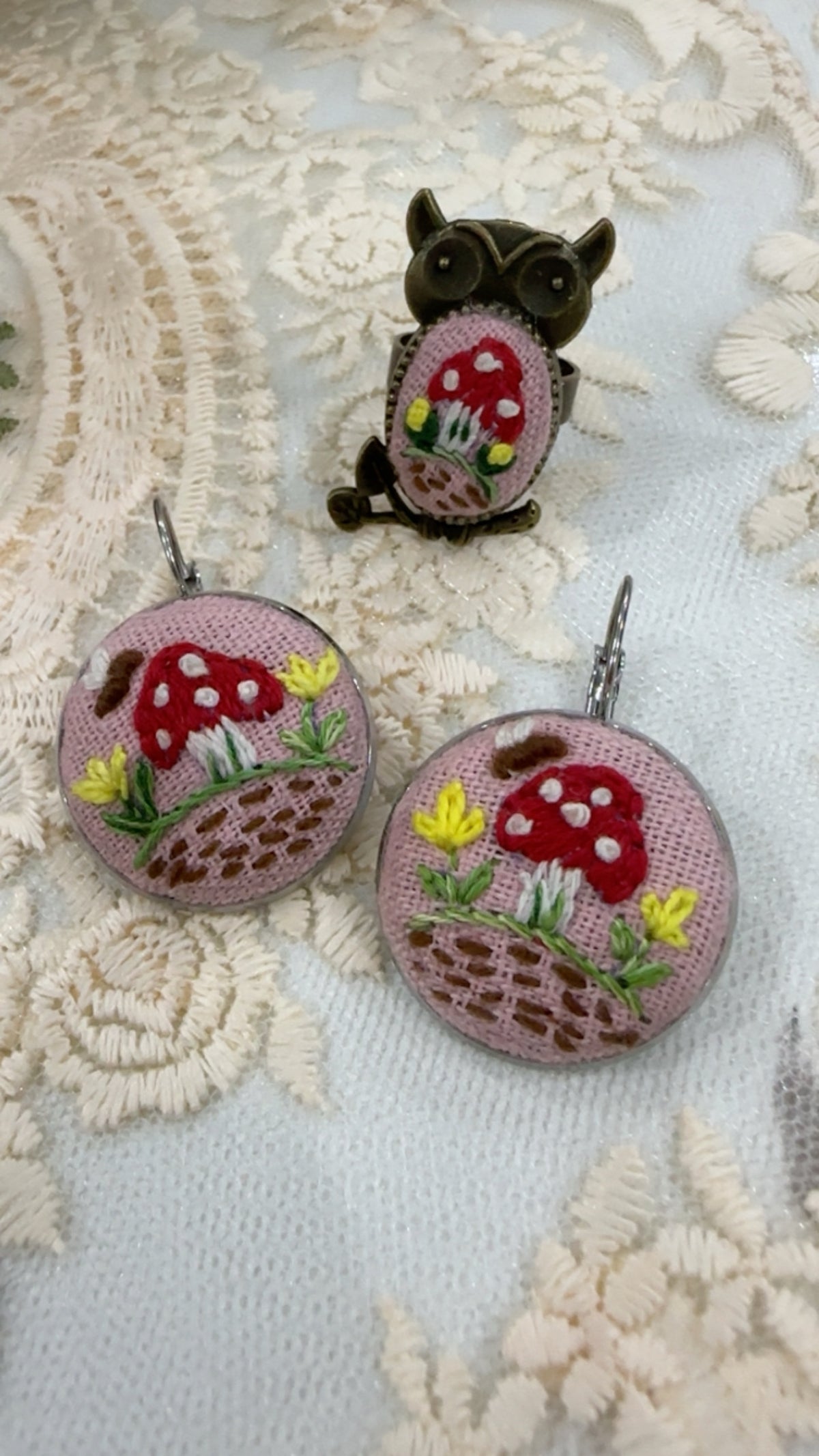 Woodland Owl Mushroom Hand-Embroidered Statement Ring