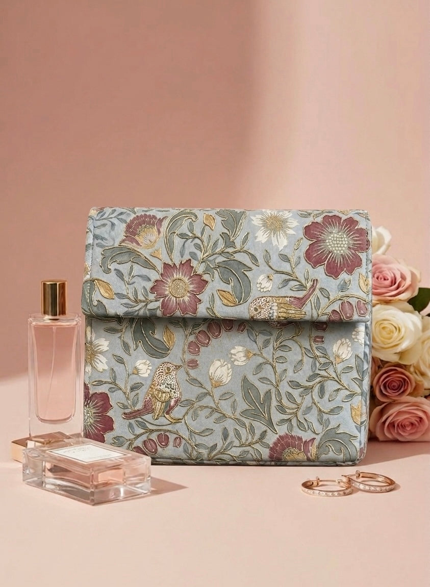 Hand-Embroidered Floral & Bird Print Clutch - Vintage Grey with Gold Tilla Detail
