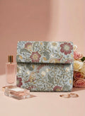Hand-Embroidered Floral & Bird Print Clutch - Vintage Grey with Gold Tilla Detail