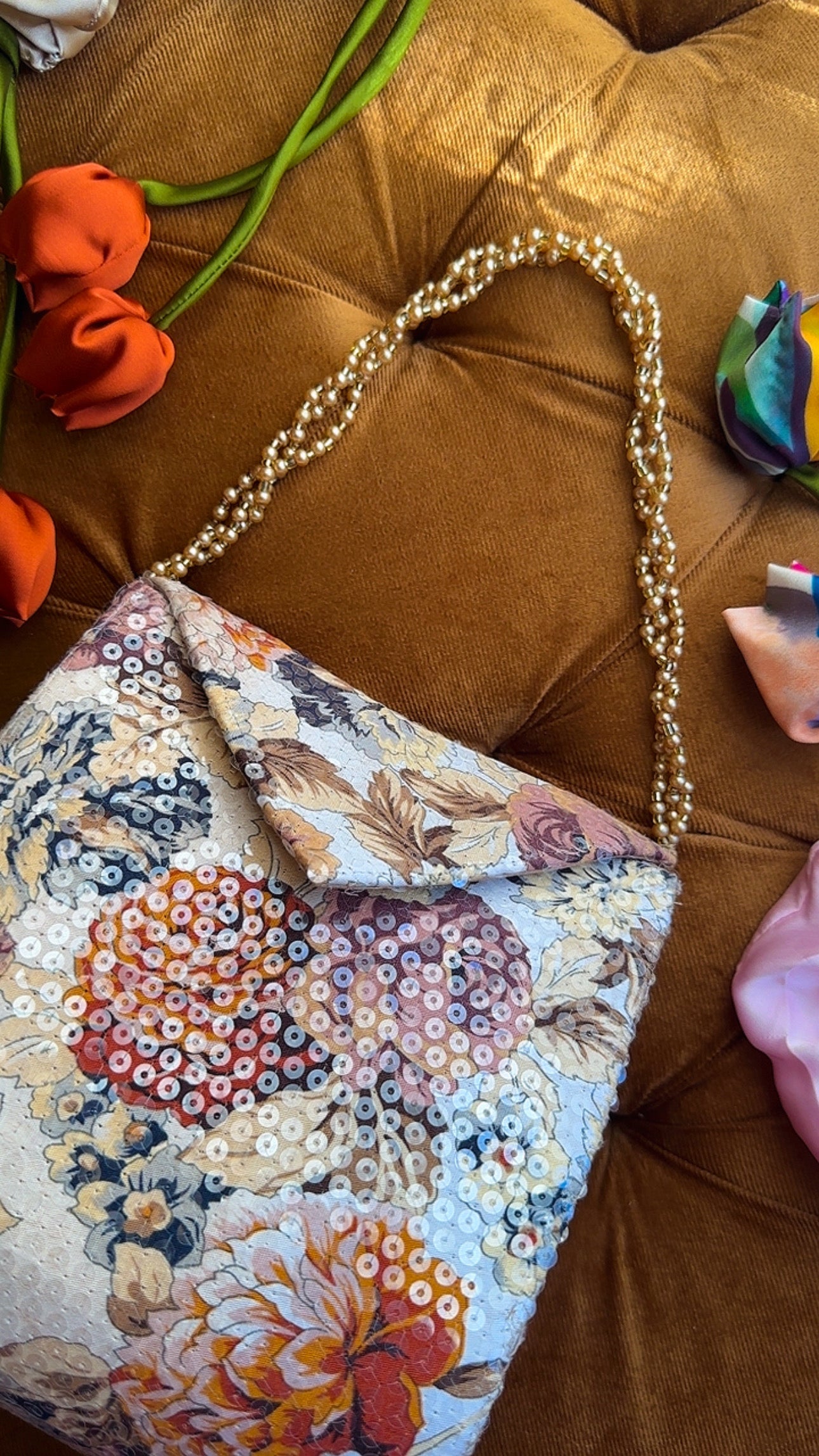 Golden Harvest: Vintage Floral Sequin Bag with Beaded Handle