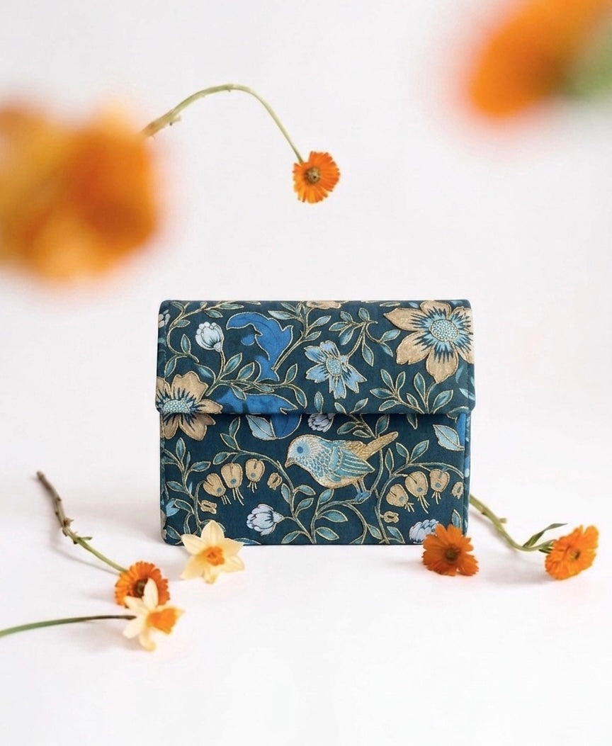 Vintage Blue Bird Print Clutch with Hand-Embroidered Golden Outline