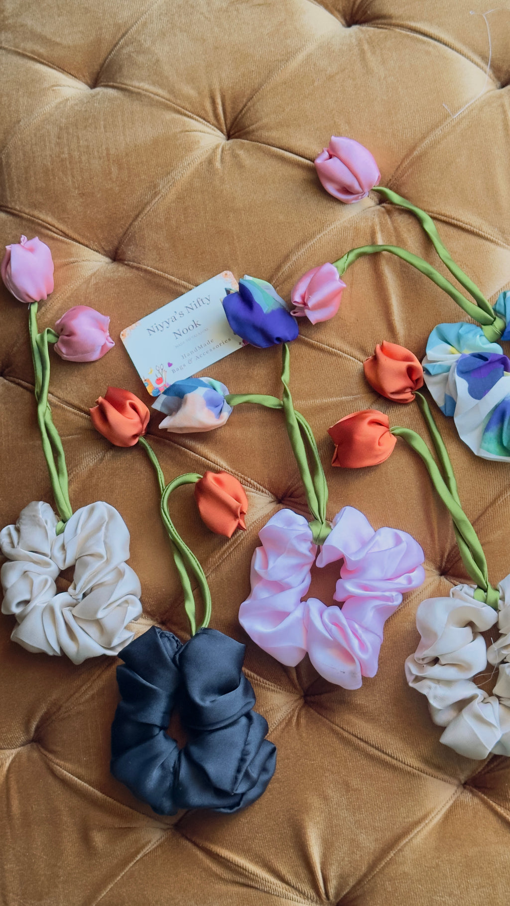 Abstract Garden Tulip Scrunchie - Vibrant Handmade Hair Tie
