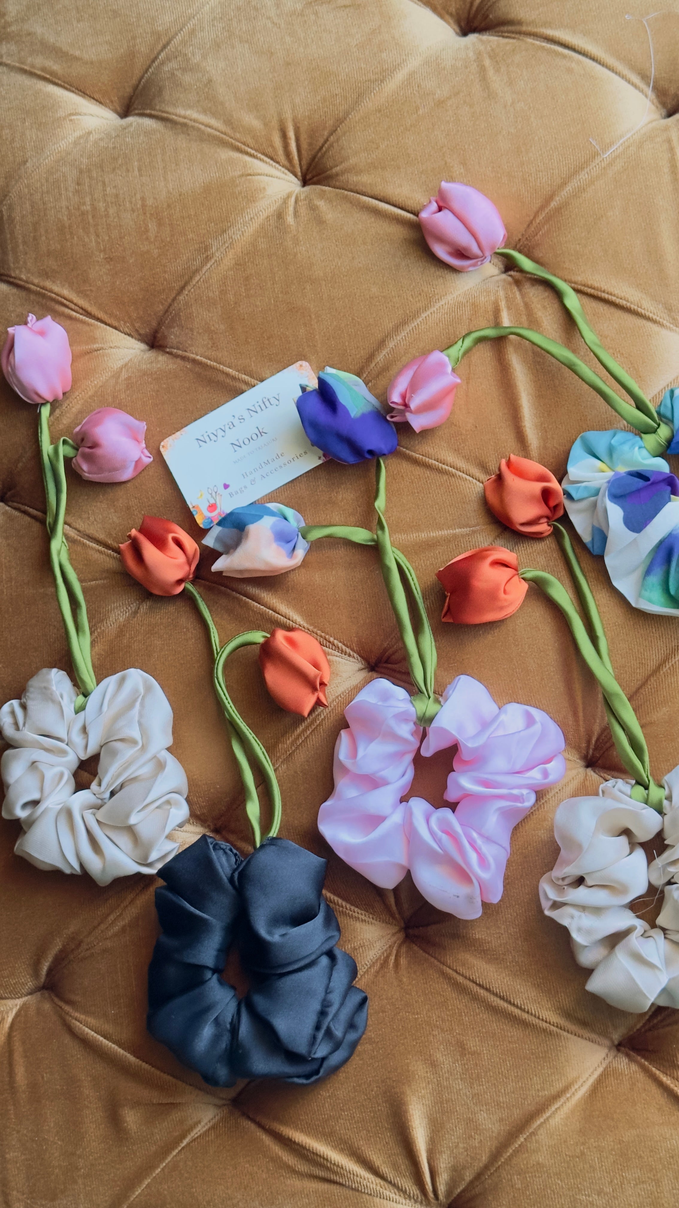 Abstract Garden Tulip Scrunchie - Vibrant Handmade Hair Tie