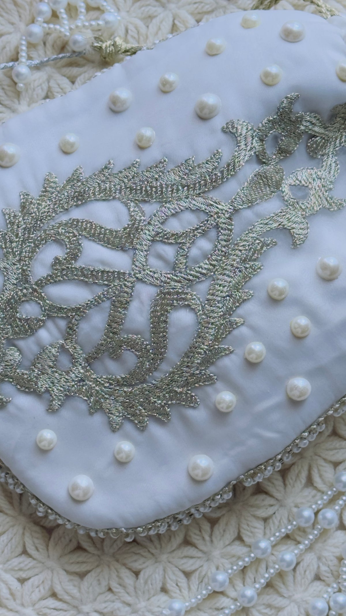 Ivory Heirloom Hand-Embroidered Pearl Potli Bag | Bridal & Wedding Wristlet