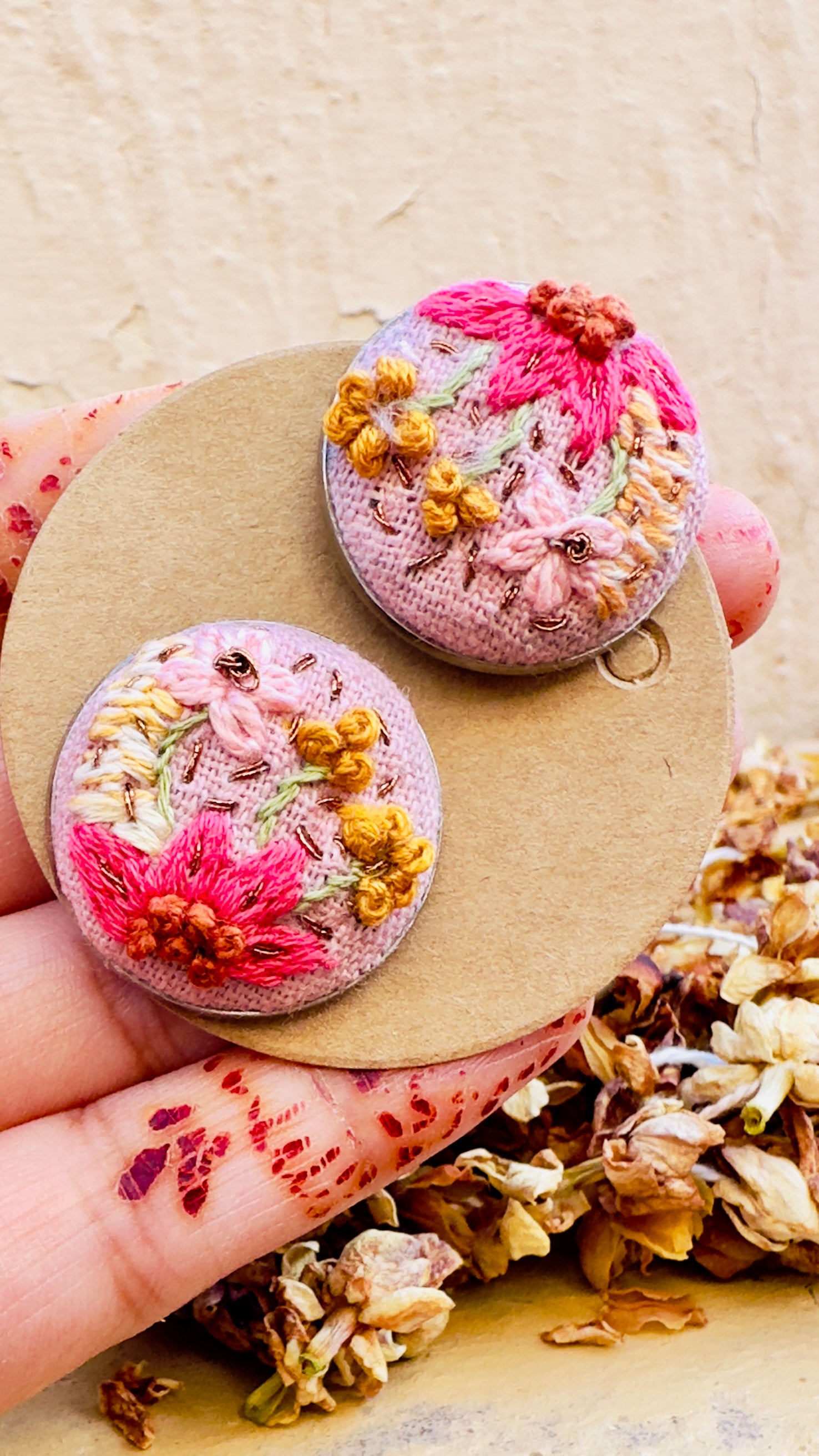 Fuchsia Floral Hand-Embroidered Stud Earrings - Sitara