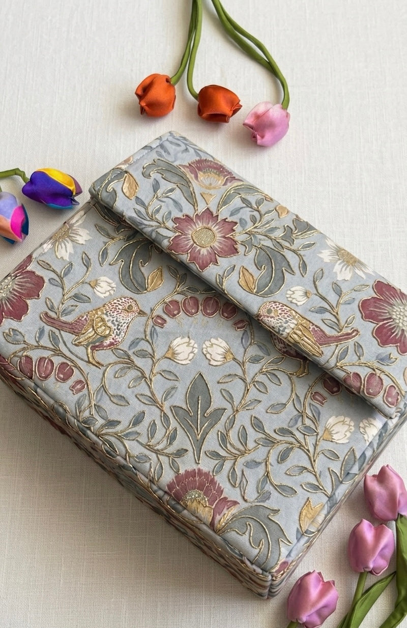 Hand-Embroidered Floral & Bird Print Clutch - Vintage Grey with Gold Tilla Detail