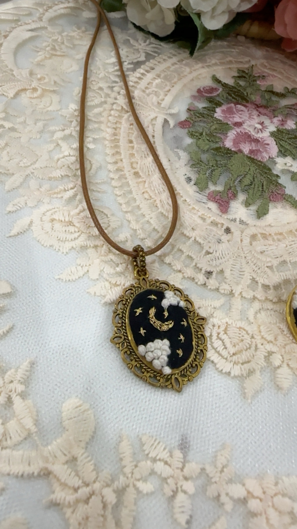 Midnight Stardust Hand-Embroidered Celestial Pendant Necklace