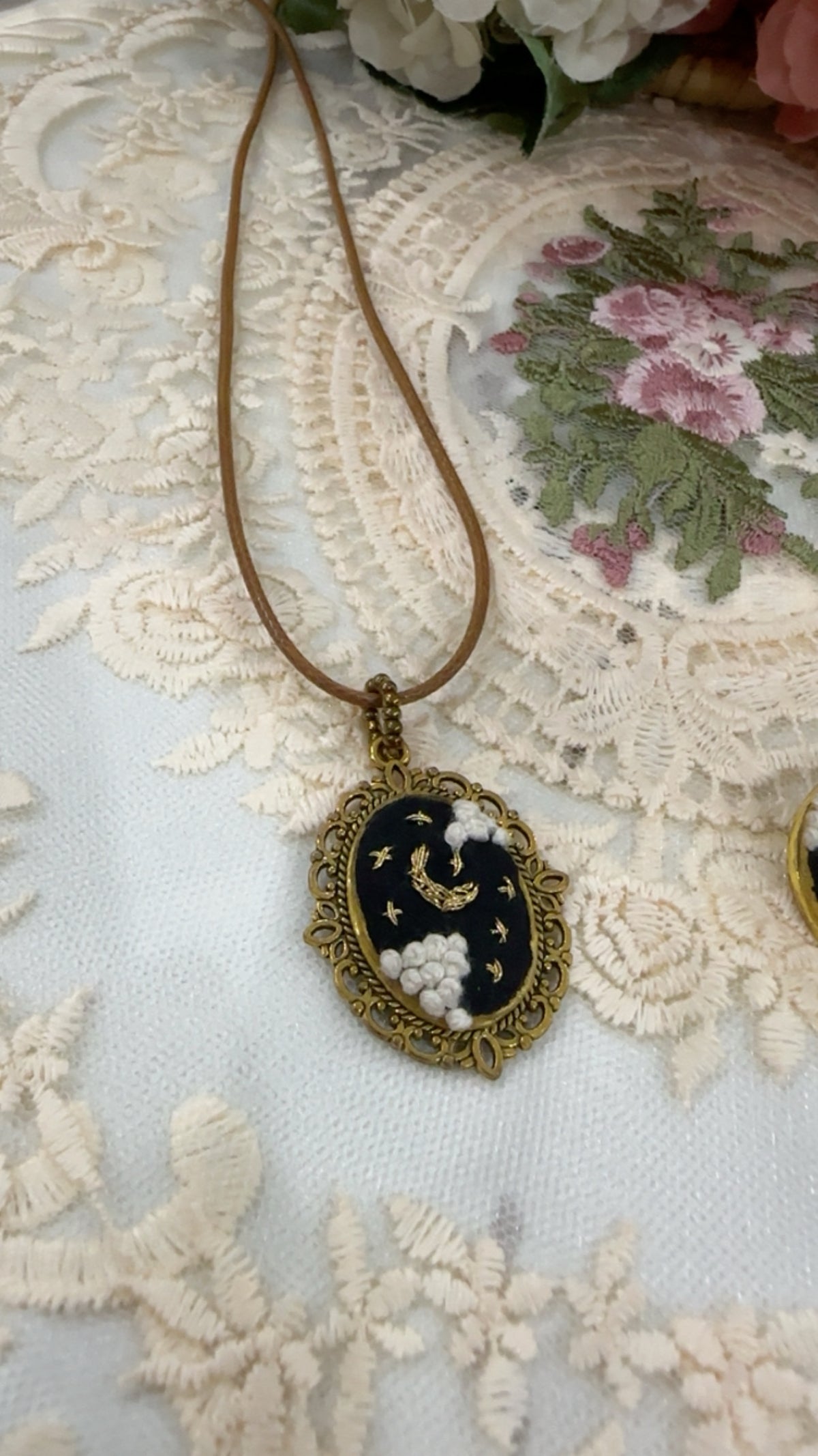Midnight Stardust Hand-Embroidered Celestial Pendant Necklace
