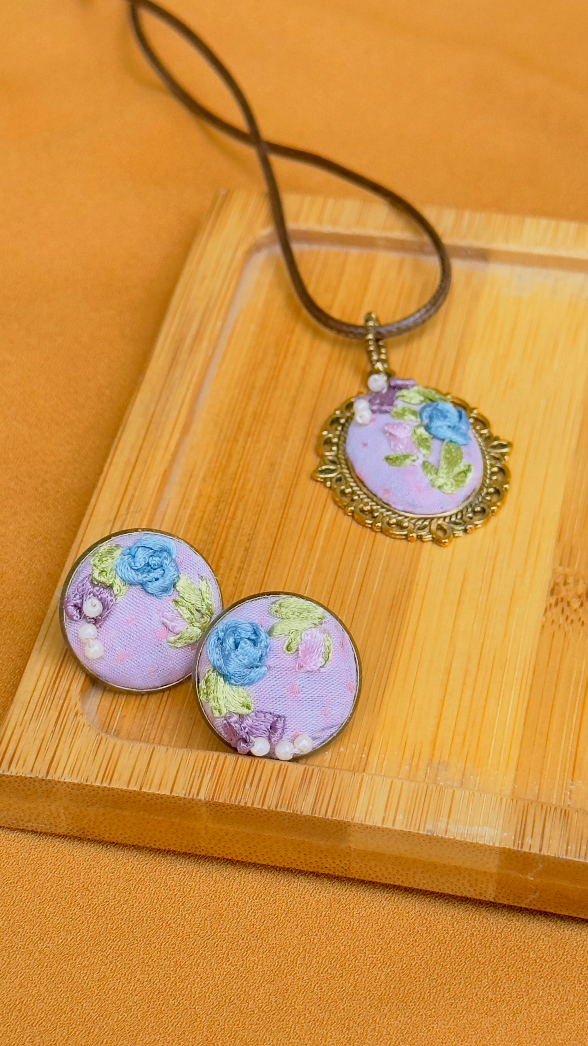 Pink & Lavender Hand-Embroidered Ribbon Work Pendant | Vintage Floral Charm