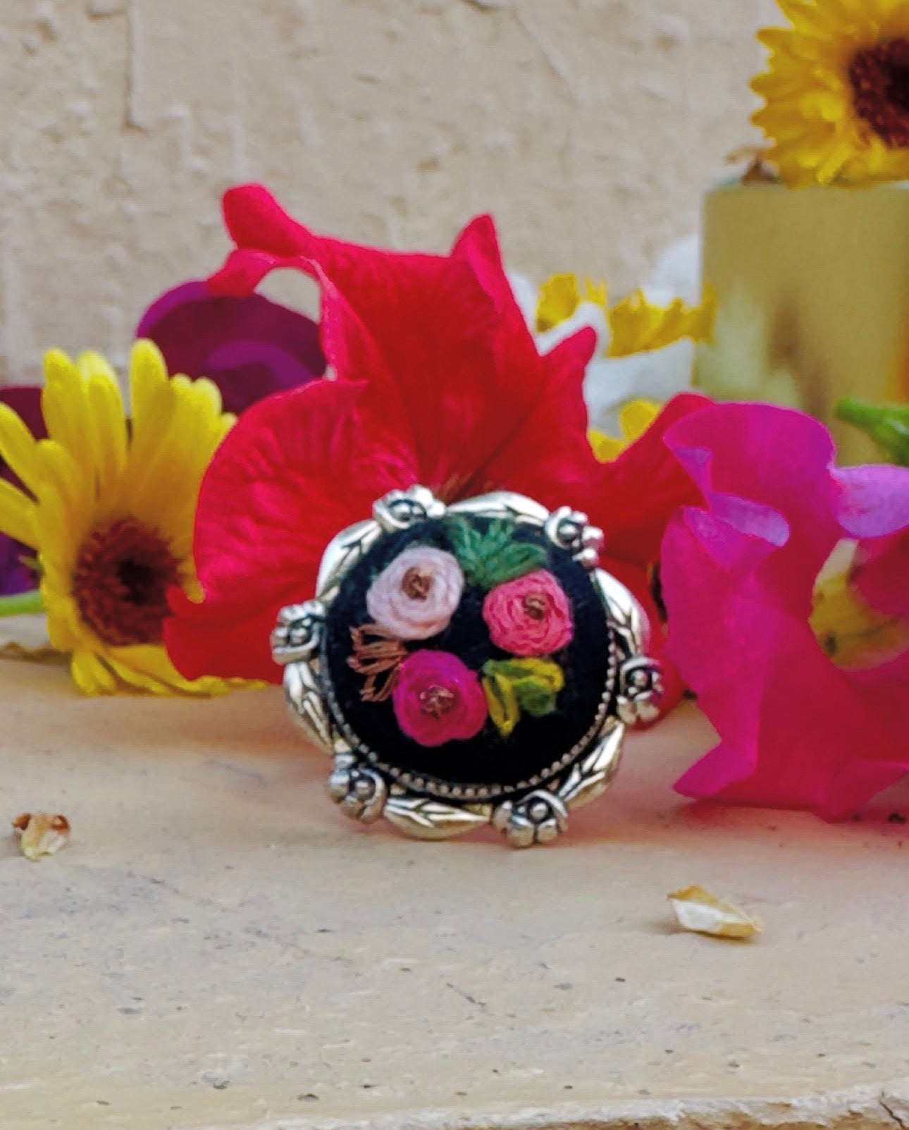 Hand-Embroidered Black Floral Ring - Vintage Silver Filigree Band