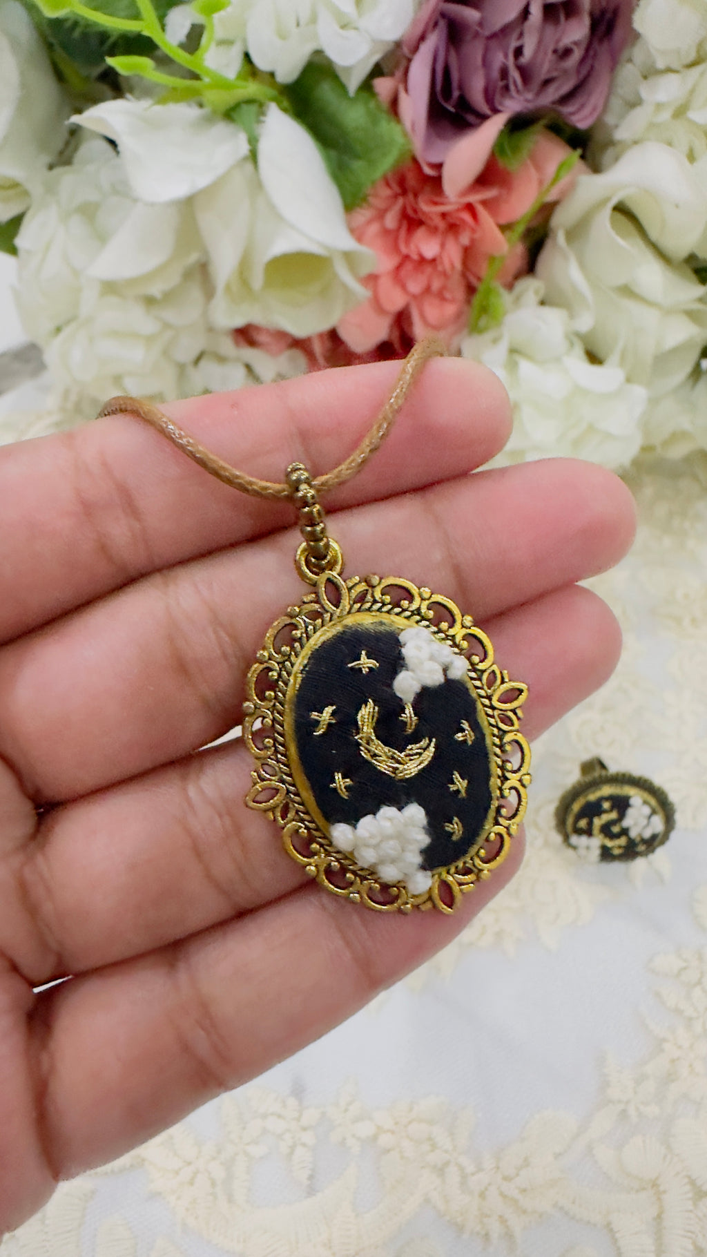 Midnight Stardust Hand-Embroidered Celestial Pendant Necklace