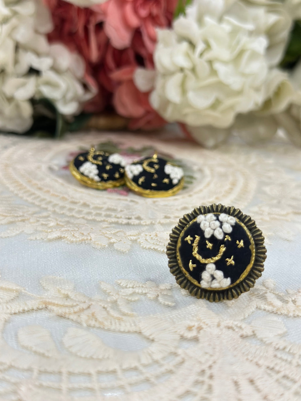 Midnight Stardust Hand-Embroidered Celestial Statement Ring