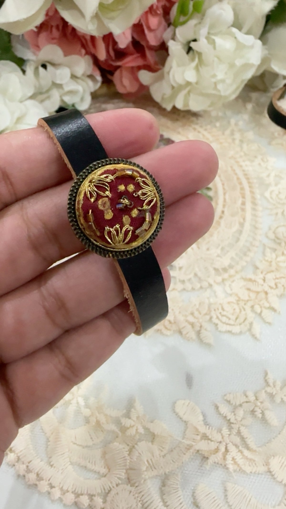 Gul-e-Tabassum Hand-Embroidered Leather Bracelet | Rustic Romance Series