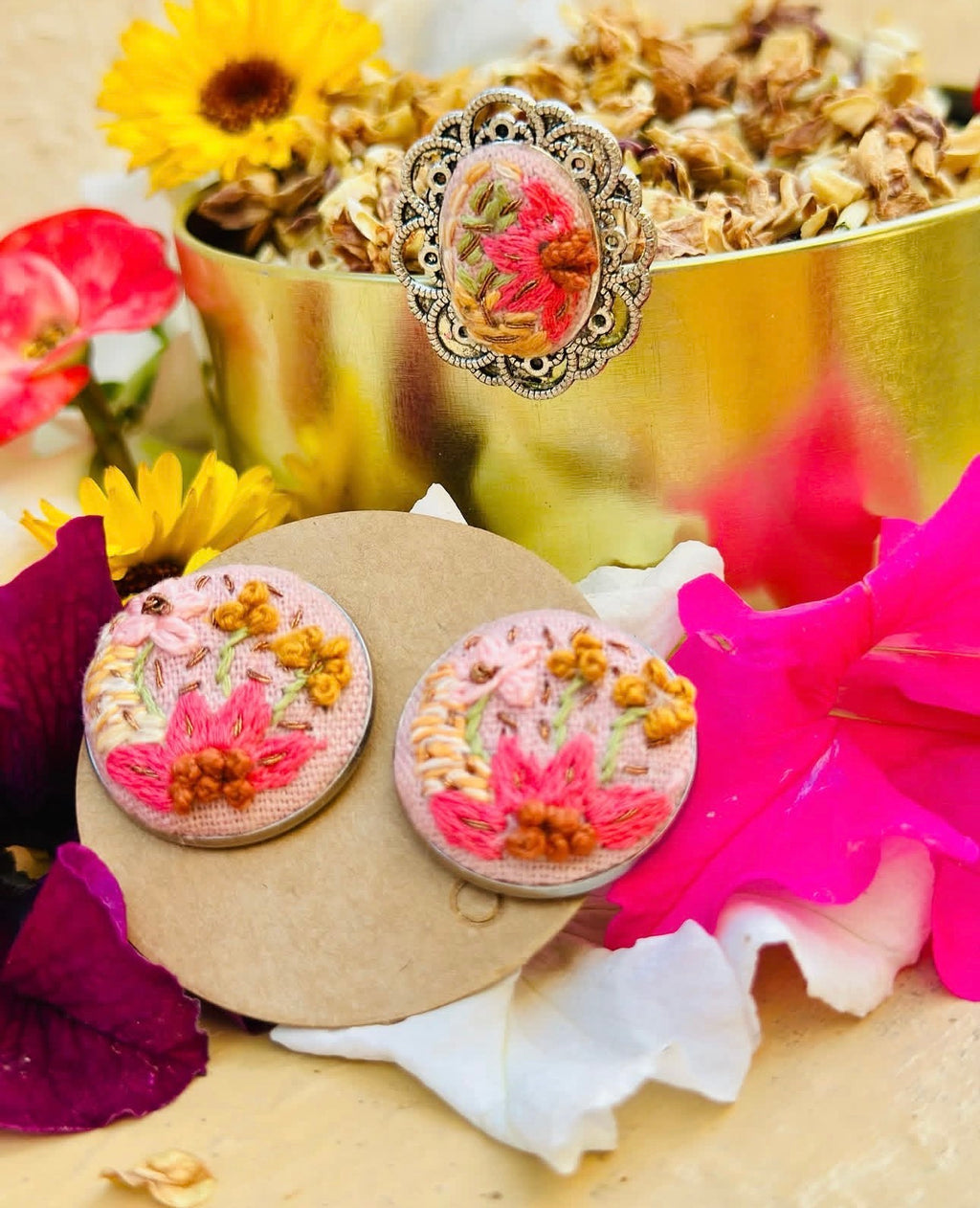 Hand-Embroidered Floral Silver Filigree Statement Ring