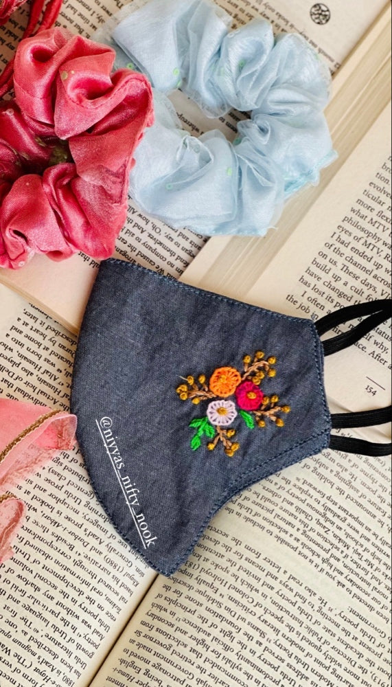 Hand-Embroidered Floral Face Mask - Custom Denim & Cotton